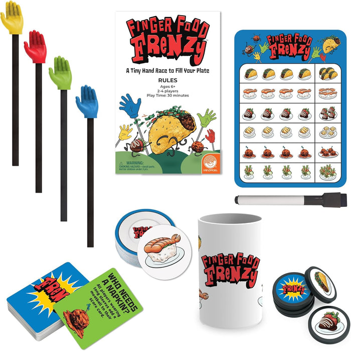 Finger Food Frenzy game set with 4 colorful sticky hand grabbers, a dry-erase board, cards, tokens, and rulebook.