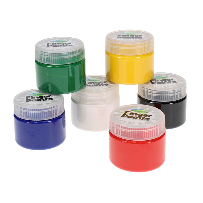 Six round jars of finger paint in green, yellow, white, blue, black, and red with clear screw-top lids.