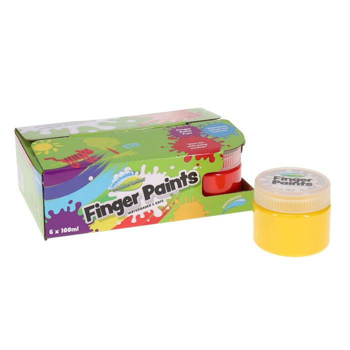 Green box of six finger paint pots with colorful splats and a separate yellow jar sitting next to it.