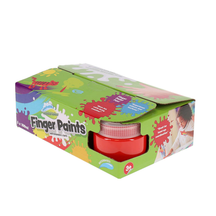 Bright green box of finger paints with a red jar visible in a window and colorful paint splat illustrations.