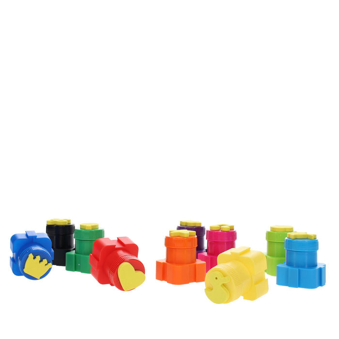 Colorful paint jars with yellow stamp lids shaped like a crown, heart, and duck against a plain white background.