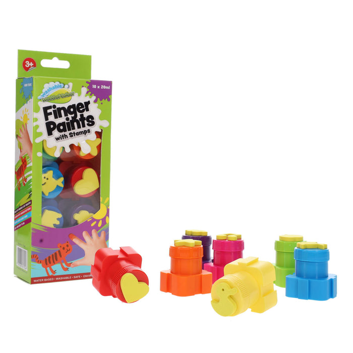Green box of finger paints beside seven colorful pots with yellow stamps on the lids like hearts, ducks, and stars.