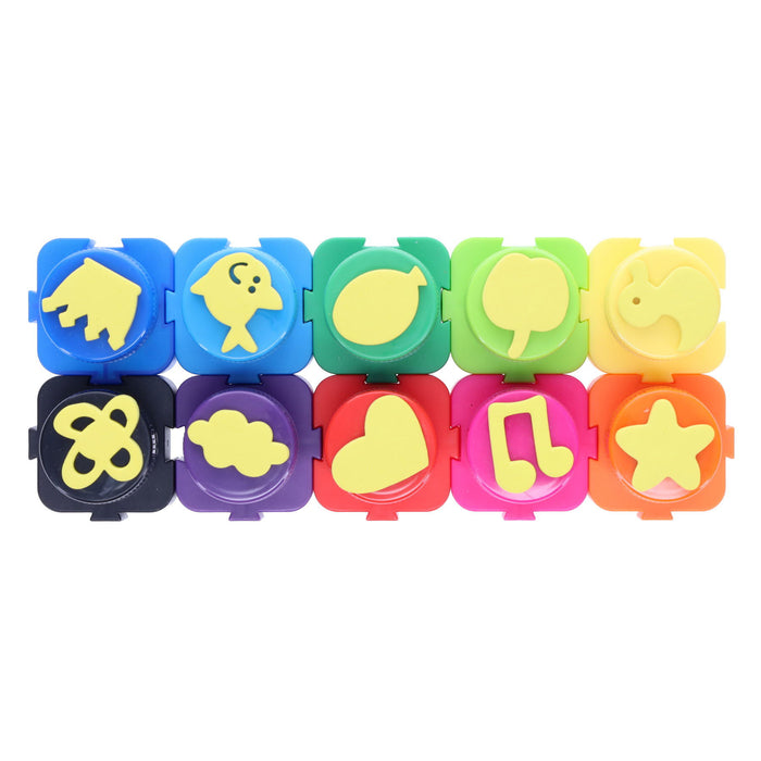Ten colorful stamp lids in two rows featuring yellow foam shapes such as a heart, star, fish, and crown.