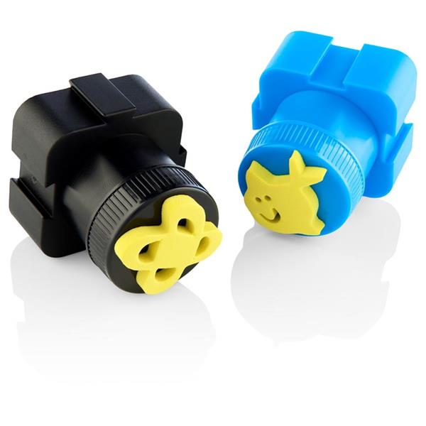 Black and blue plastic stampers with yellow raised flower and smiley face designs on a white background.