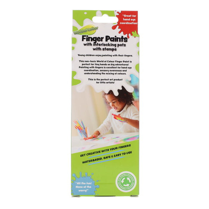 Tall white box with green and red paint splatters and a photo of a young child with paint on their hands.