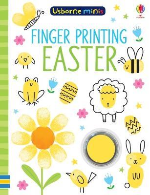 Book cover with yellow fingerprint animals, flowers, and eggs, featuring a built-in circular yellow ink pad.
