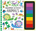 Colorful animal activity book with fingerprint illustrations next to a vertical seven-color rainbow ink pad.