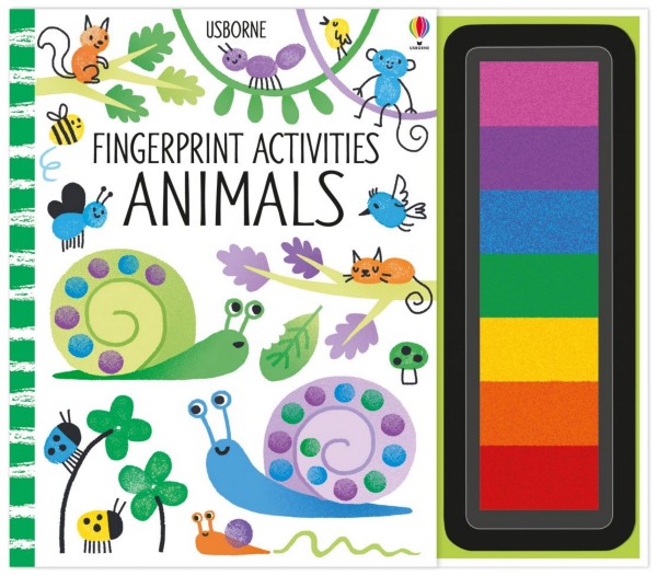 Colorful animal activity book with fingerprint illustrations next to a vertical seven-color rainbow ink pad.