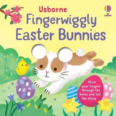 Book cover featuring a bunny with finger holes for ears, colorful eggs, and a chick in a bright spring field.