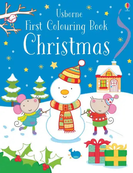 Bright blue coloring book cover with a smiling snowman, two mice in winter clothes, a cozy cottage, and presents.