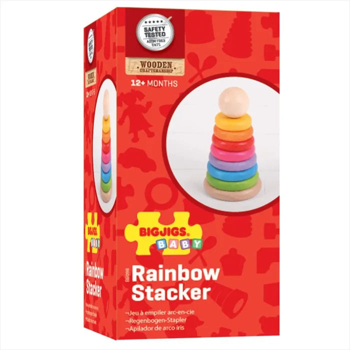 Red Bigjigs Baby box displaying a wooden rainbow stacker with six colorful rings and a natural wood ball topper.