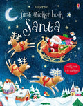 Illustrated cover with Santa in a red sleigh pulled by reindeer over a snowy village at night. Over 100 stickers.