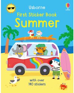 Book cover with animals in a red van on a beach with palm trees, surfboards, and a bright sun wearing sunglasses.