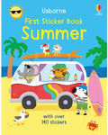 Book cover with animals in a red van on a beach with palm trees, surfboards, and a bright sun wearing sunglasses.