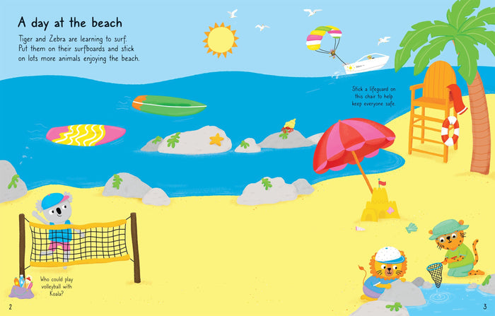 Bright beach illustration for a children’s sticker book featuring cartoon animals, surfboards, and a sandcastle.