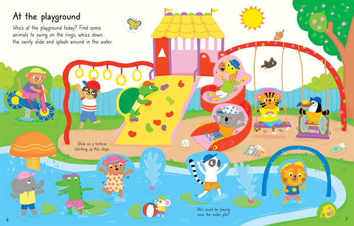 Brightly colored activity book spread of cartoon animals playing at a playground and splash pad with sticker outlines.