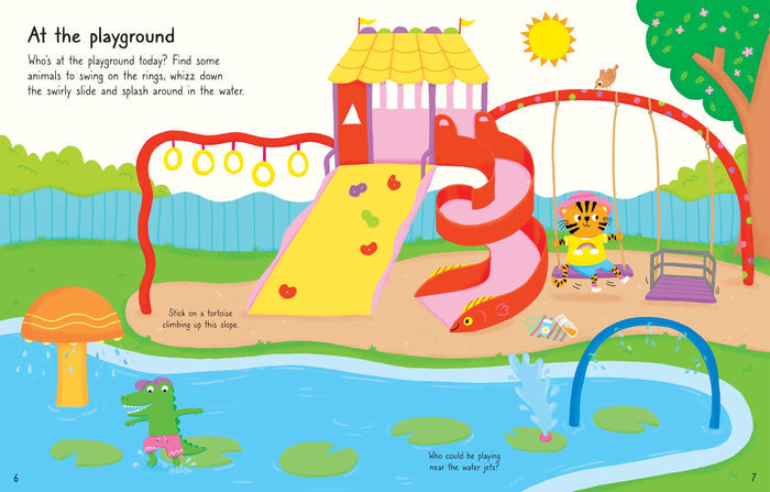 Colorful sticker book page of a playground scene with a tiger on a swing, a slide, and a crocodile in a splash pool.