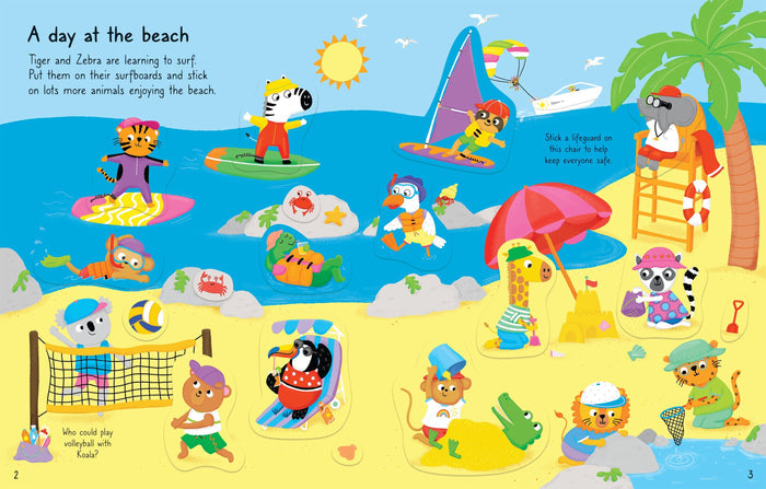 Illustration of a colorful beach scene from a sticker book featuring various animals surfing, swimming, and playing in the...