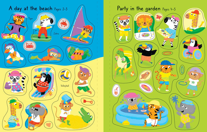 Colorful sticker book spread featuring cartoon animals enjoying summer activities at the beach and a garden party.