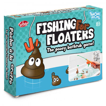 Teal game box showing cartoon poop characters with eyes being caught by an orange toy fishing hook.