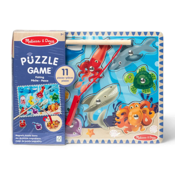Melissa & Doug Magnetic Fishing Puzzle Game featuring a wooden rod and blue ocean-themed board with sea creature pieces.