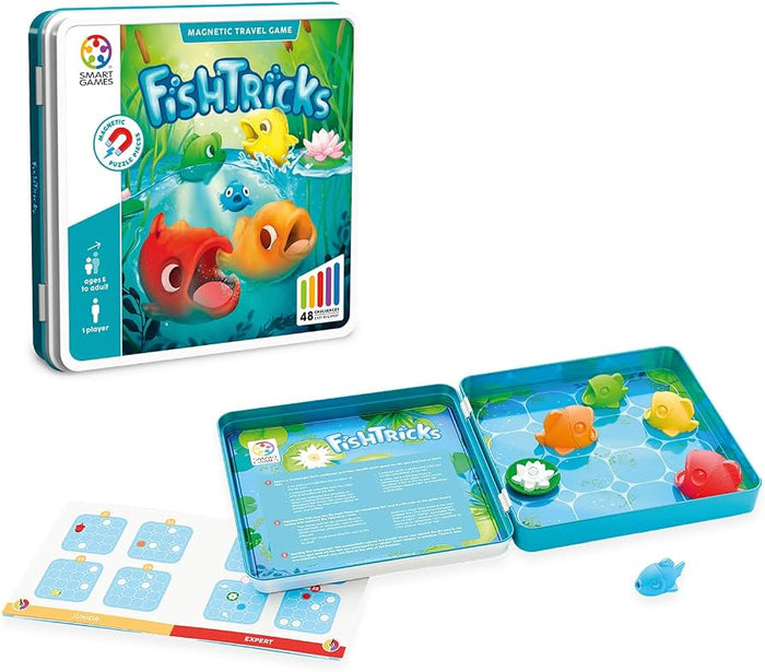 Open blue magnetic travel game tin with colorful fish pieces, a water lily, and a challenge booklet.