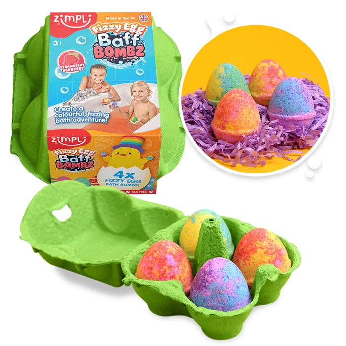 Four colorful, speckled egg-shaped bath bombs in a green egg carton with illustrated packaging.