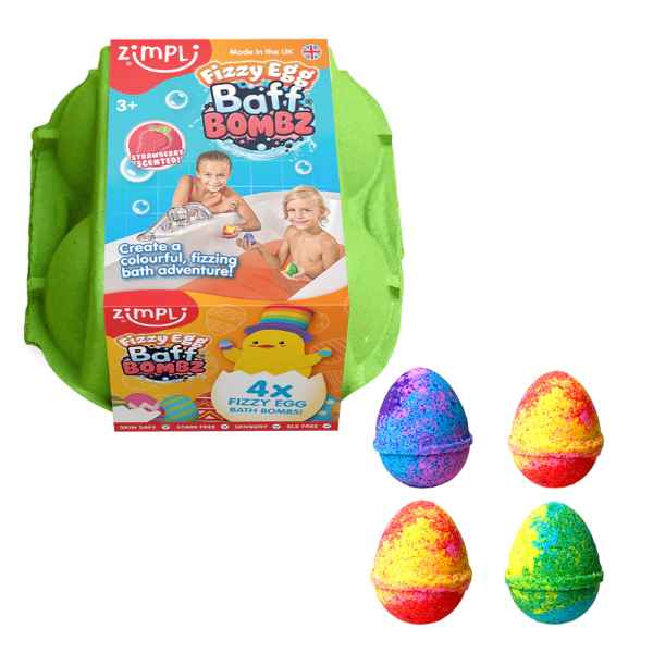 Green egg carton package next to four vibrant, speckled egg-shaped bath bombs in various bright color blends.