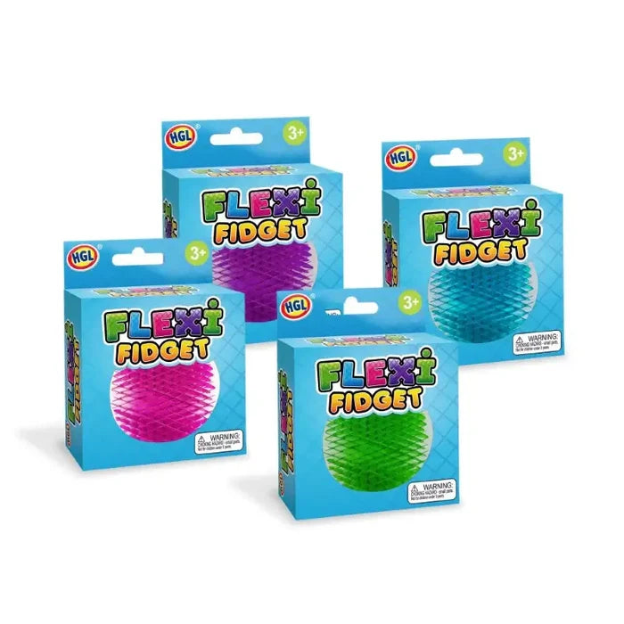 Four blue boxes of Flexi Fidget toys displaying spiky sensory balls in purple, pink, teal, and green.