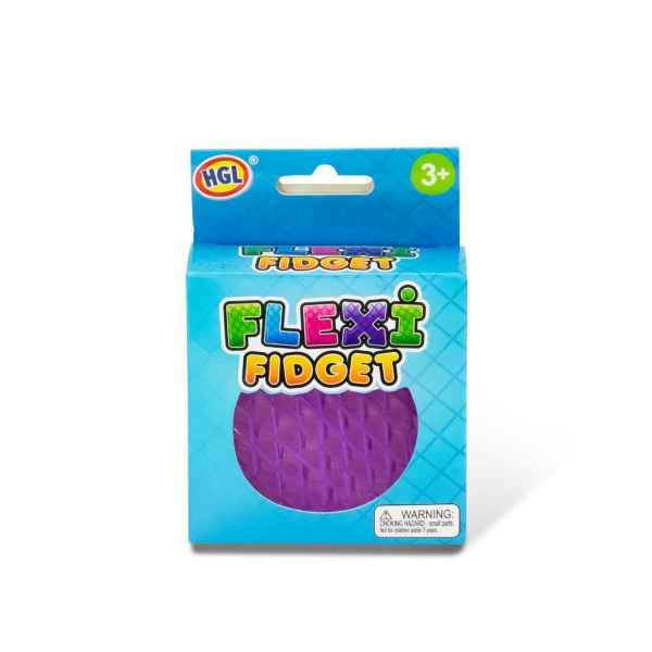 Purple lattice-textured fidget ball inside a blue HGL Flexi Fidget box with colorful bubble-style lettering.