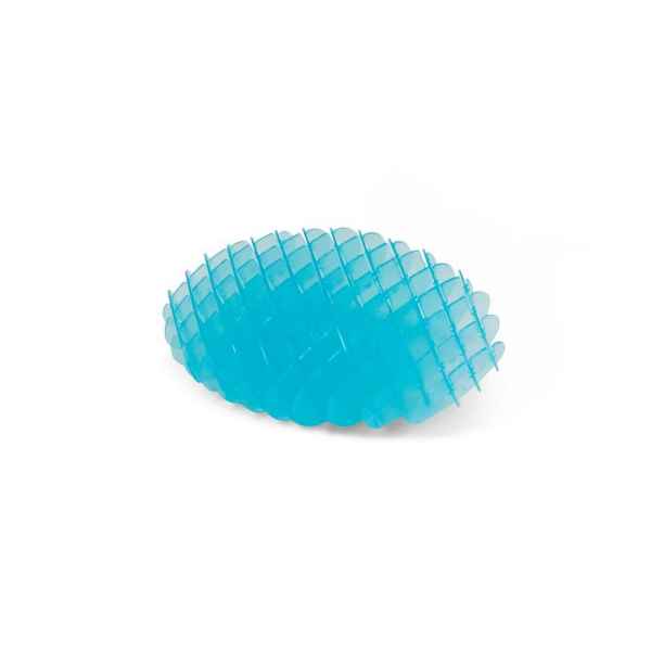 Translucent blue oval fidget toy with a flexible grid of intersecting fins.