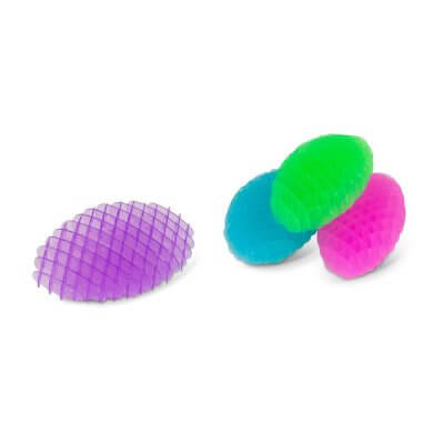 Four translucent, egg-shaped fidget toys with a flexible grid texture in purple, blue, green, and pink.