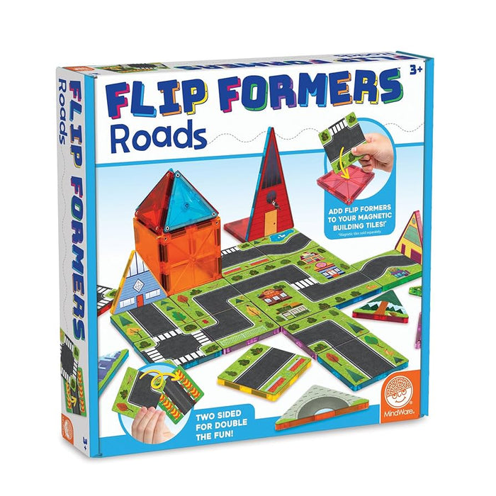 Box art showing colorful magnetic tile buildings and black road paths with hands flipping double-sided pieces.