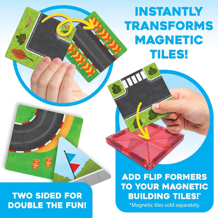 Hands applying double-sided road and landscape square inserts to translucent red magnetic building tiles.