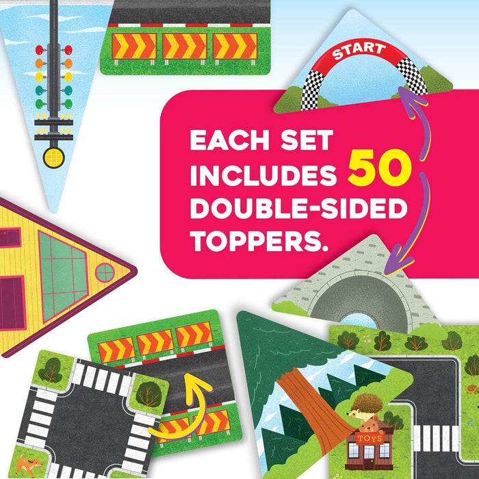 Colorful double-sided road-themed toppers featuring a tunnel, start archway, traffic signals, and street segments.