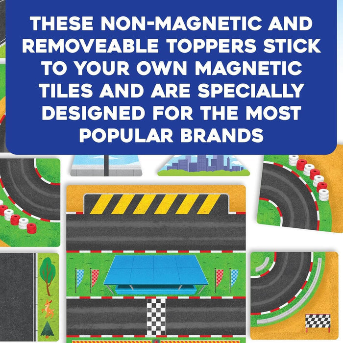 Race track tile toppers featuring illustrated road curves, straight lanes, a finish line, and tire walls.
