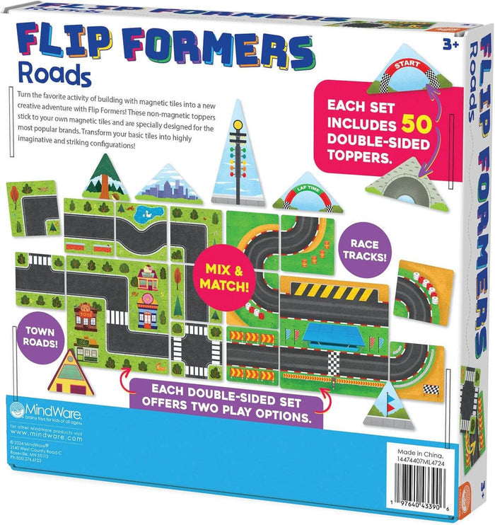Product box for 50 double-sided magnetic tile toppers with colorful road, race track, building, and tree illustrations.