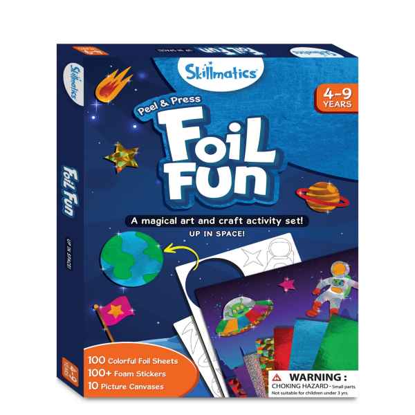 Blue box for Skillmatics Foil Fun Up in Space craft kit showing planets, astronauts, and colorful foil art supplies.