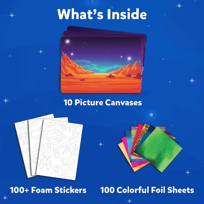 Kit contents: 10 space scene canvases, 100+ white foam stickers, and 100 shiny, colorful foil sheets.