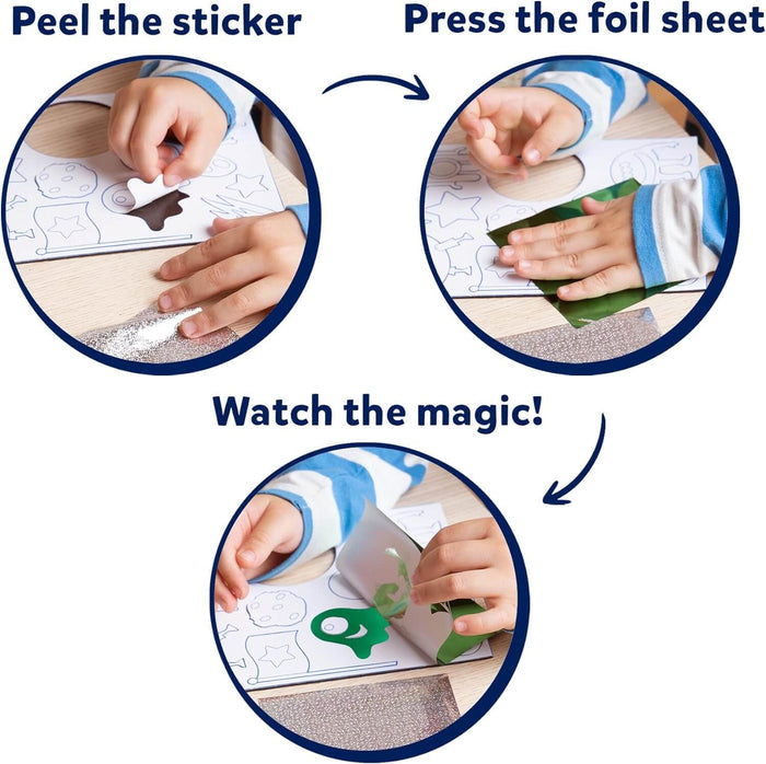 Diagram shows peeling a sticker, pressing green foil, and revealing a shiny metallic green shape on an activity sheet.