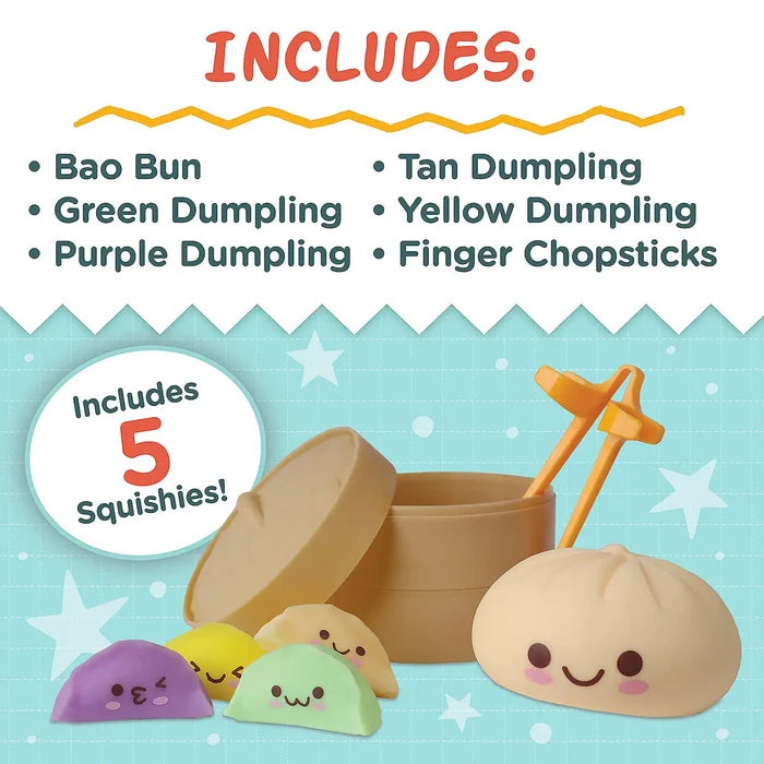 Five colorful squishy bao and dumplings with cute faces, orange finger chopsticks, and a tan plastic steamer basket.
