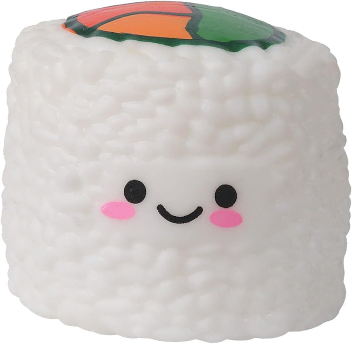 White textured sushi roll toy with a cute smiley face, pink cheeks, and green, orange, and red fillings on top.