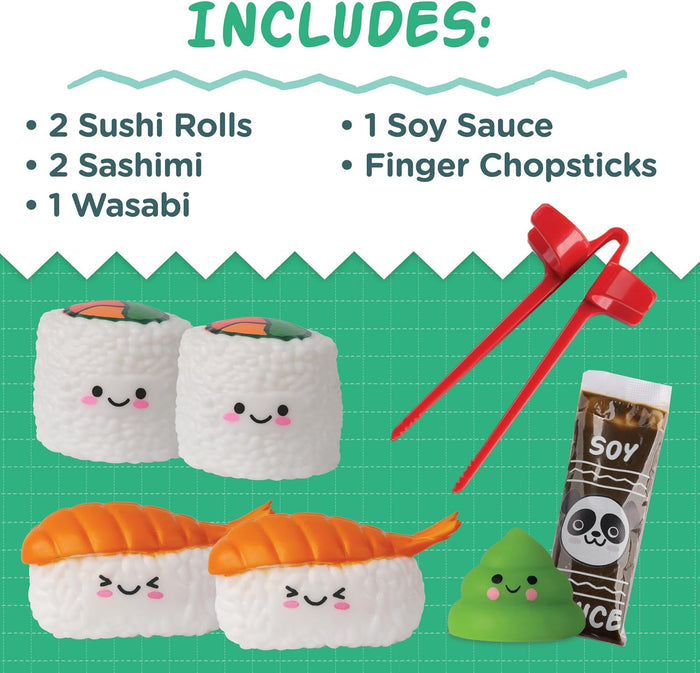 Toy sushi set: 2 rolls, 2 nigiri, green wasabi, panda soy sauce packet, and red finger chopsticks, all with cute faces.