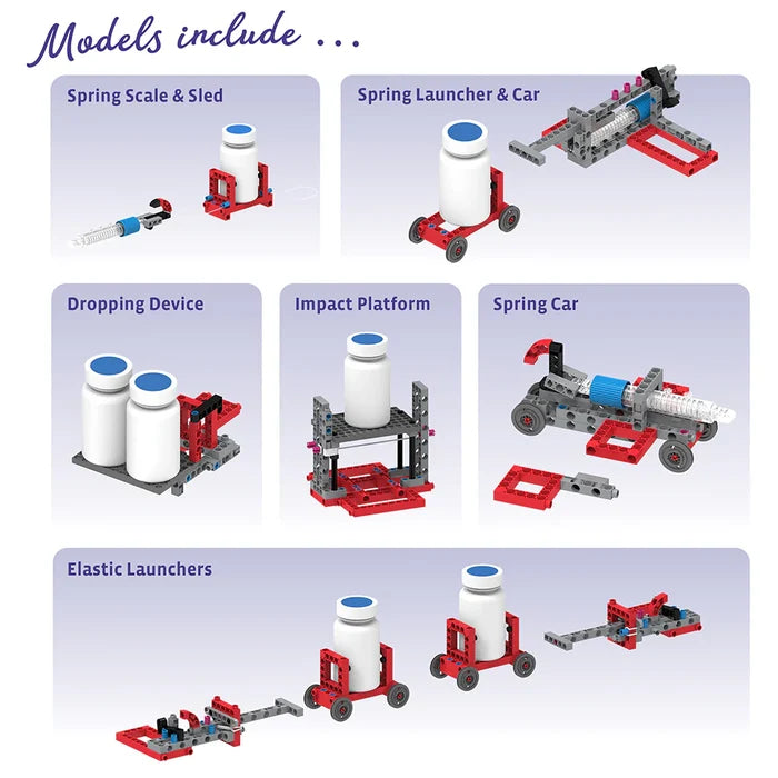 Six panels show red and grey plastic brick models including cars, launchers, and sleds with white plastic weights.