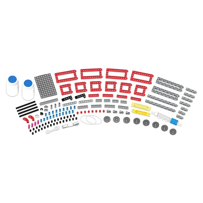 Array of educational toy parts featuring red frames, grey beams, blue pins, black wheels, and two white bottles.