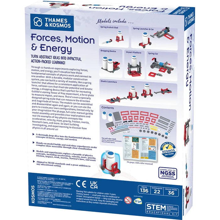 Back of white science kit box showing buildable models, 136 pieces, 22 experiments, and a 36-page manual.