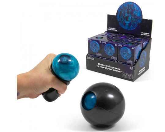 Hand squeezing a black ball to reveal a blue gel bubble. Includes a display box of toys in blue and purple packaging.