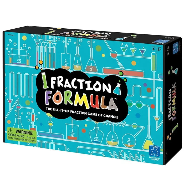 Teal Fraction Formula box with science illustrations of colorful flasks and beakers labeled with fractions.