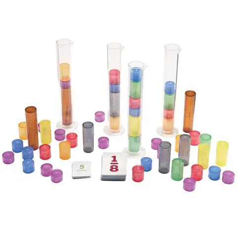 Stacked colorful translucent discs in clear cylinders with fraction cards and extra pieces on a white background.