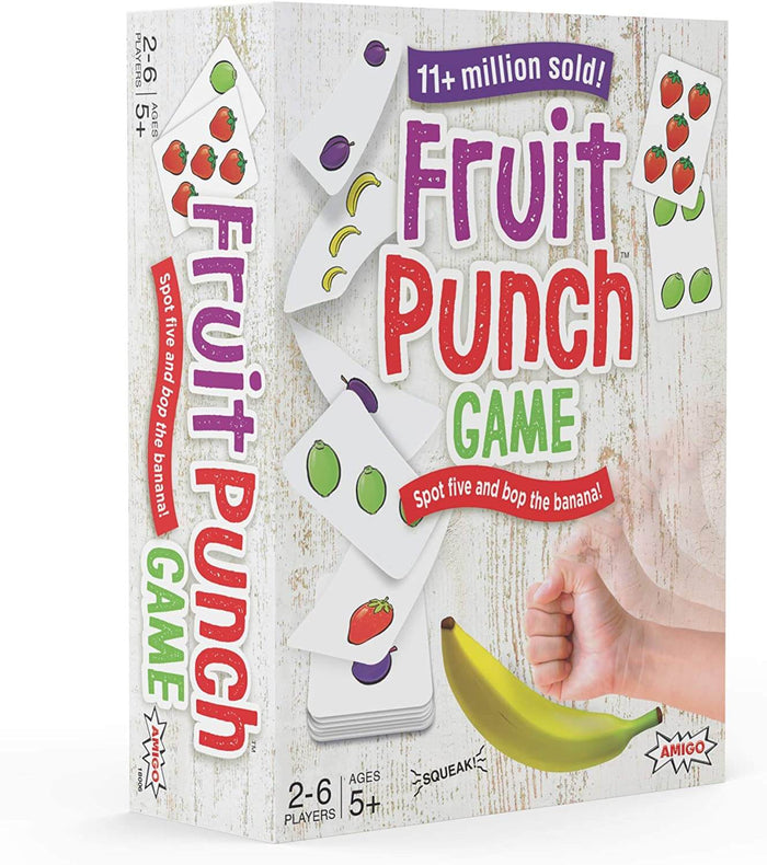 Fruit Punch game box featuring cards with colorful fruit and hands hitting a squeaky yellow banana toy.